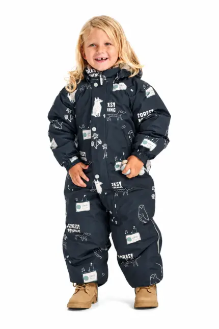 Bērnu ziemas kombinezons Leokid Hero Forest Bathing Dark Grey 86–92 cm bērnam mugurā