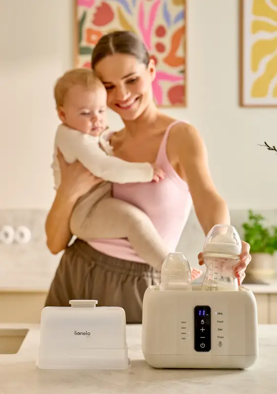 Pudelīšu sildītājs Lionelo Thermup Duo sieviete ievieto pudeliti