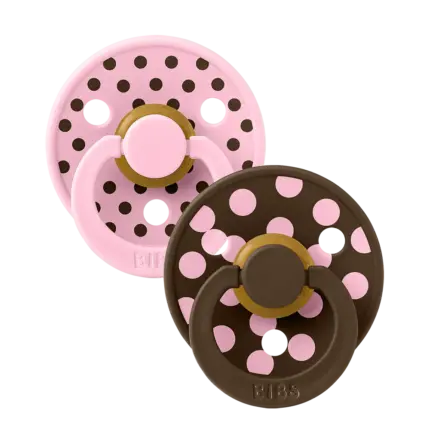 BIBS Studio Colour apaļais knupītis 6–18 mēn., 2 gab. – Polka Baby Pink / Mocha